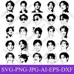 May include: A collection of twenty-five black and white digital illustrations featuring various male portraits with different expressions and accessories, including sunglasses and stars, arranged in a grid with file format text at the bottom.