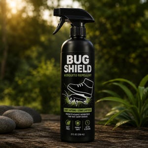 Op de afbeelding: Een zwarte plastic spuitfles met Bug Shield muggenafweermiddel. Het etiket bevat een witte laarsafbeelding boven een insect, met de tekst Fast Acting, Long Lasting, Protects Against Mosquitoes That May Carry Disease en 8 FL OZ (236 mL).
