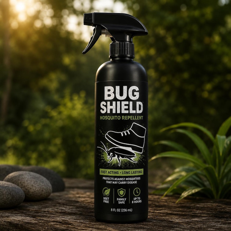 Op de afbeelding: Een zwarte plastic spuitfles met Bug Shield muggenafweermiddel. Het etiket bevat een witte laarsafbeelding boven een insect, met de tekst Fast Acting, Long Lasting, Protects Against Mosquitoes That May Carry Disease en 8 FL OZ (236 mL).