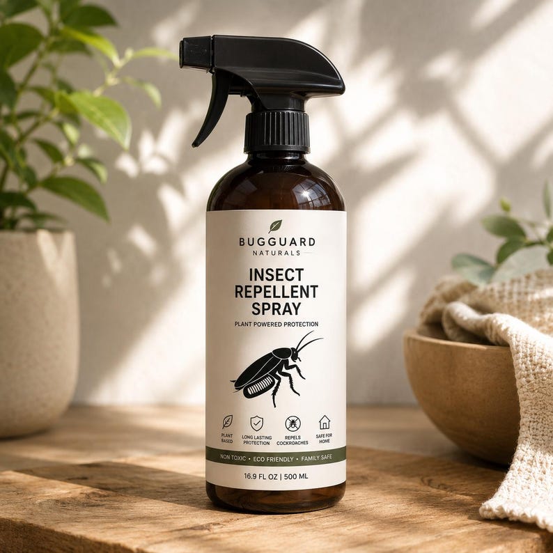 Op de afbeelding: Een donker amberkleurige plastic spuitfles met een zwarte sproeikop. Het witte etiket bevat de tekst Bugguard Naturals Insect Repellent Spray, een zwarte kakkerlakillustratie en iconen voor plantaardige bescherming. 500 ml.