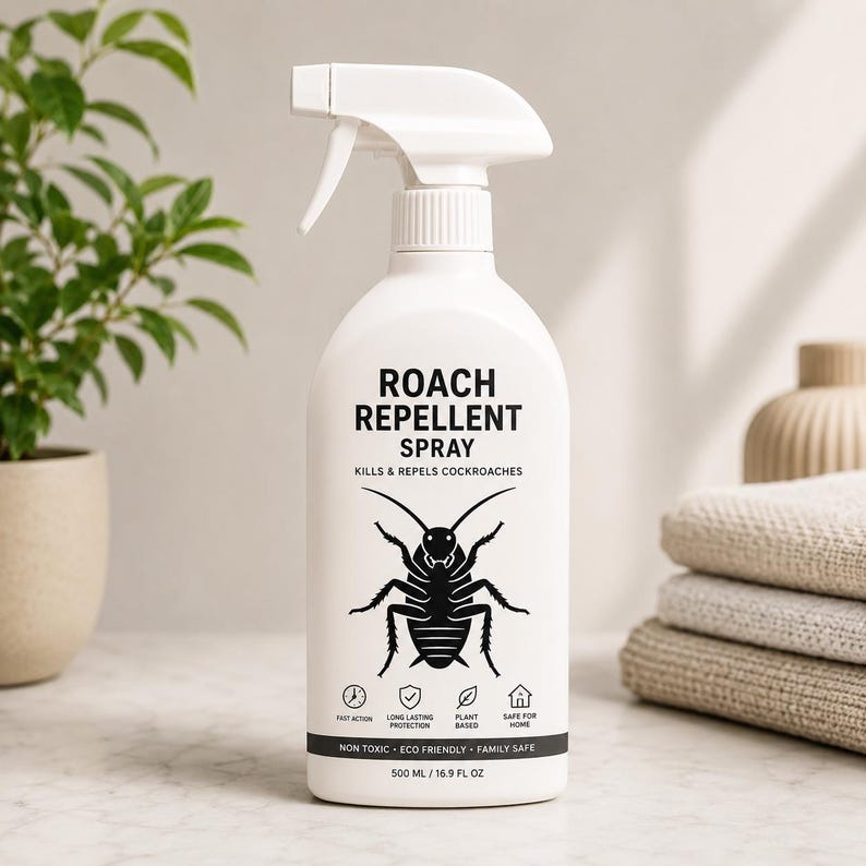 Op de afbeelding: Een witte plastic spuitfles met het label ROACH REPELLENT SPRAY KILLS & REPELS COCKROACHES met een zwarte kakkerlakafbeelding. Het etiket bevat iconen voor snelle werking, langdurige bescherming, plantaardig en veilig voor thuis, plus 500 ml.
