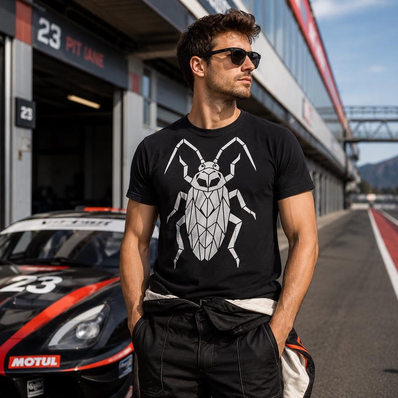 Op de afbeelding: Een zwart T-shirt met korte mouwen en een grote witte geometrische insectenafbeelding op de borst. Het shirt wordt gedragen met een zwarte broek en een donkere zonnebril, staand voor een zwart-rode raceauto bij een pitstraat op een circuit.