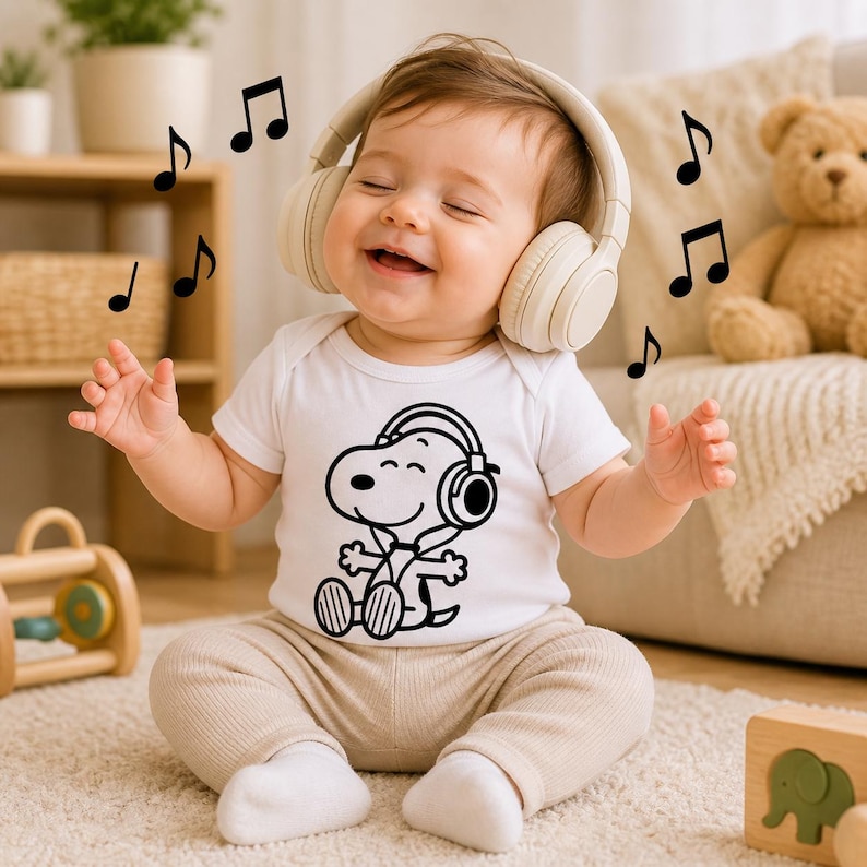 Puede incluir: Un beb&eacute; con auriculares color crema y un body blanco con un gr&aacute;fico negro de Snoopy con auriculares. Notas musicales negras flotan alrededor del beb&eacute;, que sonr&iacute;e. El beb&eacute; est&aacute; sentado en una alfombra color crema.