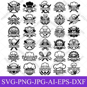 Chef Monogram SVG Bundle 30 Designs, Custom Chef Badge SVG, Restaurant Logo Svg, BBQ Logo, Cook Knife Svg, Kitchen Logo, Cricut Png Eps Dxf