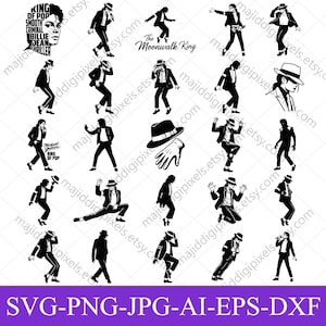 May include: A collection of black and white digital illustrations featuring a dancer in a fedora and suit performing various dance moves, including the moonwalk, alongside text elements like King of Pop, Smooth Criminal, and The Moonwalk King.