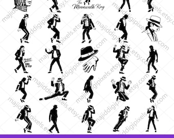 May include: A collection of black and white digital illustrations featuring a dancer in a fedora and suit performing various dance moves, including the moonwalk, alongside text elements like King of Pop, Smooth Criminal, and The Moonwalk King.