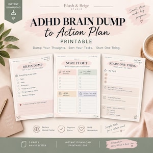 Può includere: Un set di tre pagine stampabili per il piano d'azione ADHD, con sezioni per svuotare la mente, ordinare le attività e iniziare una cosa. Le pagine includono liste di controllo, caselle di priorità e suggerimenti per la concentrazione, in una palette di colori beige e rosa.