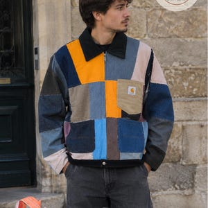 Återvunnen Carhartt Detroit-jacka | Patchwork-canvas- och jeansjacka | Unisex streetwear | Unikt plagg | Vintage arbetskläder