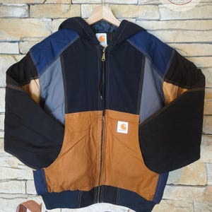 Jaqueta esportiva estilo Carhartt reciclada | Jaqueta de lona patchwork | Moda urbana unissex | Peça única | Roupa de trabalho vintage