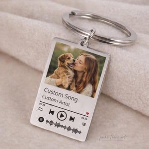 Puede incluir: Un llavero rectangular plateado con una foto de una mujer besando a un perro. El llavero tiene un diseño de interfaz de reproductor de música con el texto "Custom Song" y "Custom Artist". El llavero tiene un llavero plateado.