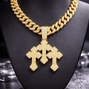 Iced Out Triple Cross Pendant Necklace, Cuban Link Chain 20”, Hip Hop Jewelry for Men, Diamond CZ Cross Necklace, Streetwear Gift