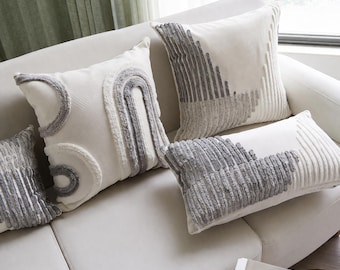 Getufte boho-kussenhoezen, grijsbeige katoenen kussenslopen in Scandinavische stijl (45 x 45 cm/30 x 50 cm)