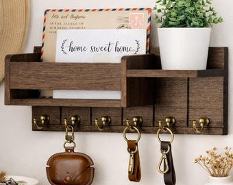 Rustieke houten sleutelhouder met plank – post- en sleutelrek voor wandmontage