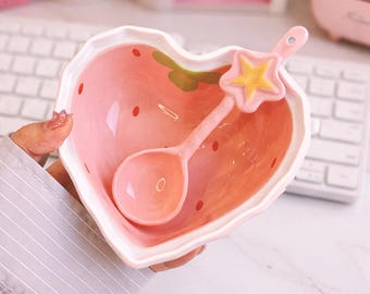 Erdbeer Keramik Schüssel mit Löffel - Kawaii Noodle Bowl (400ml)