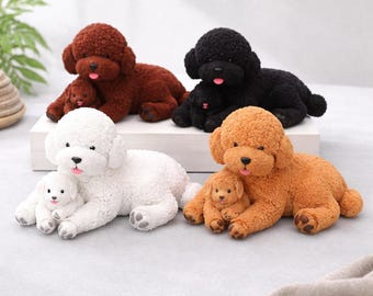 Beeldje teddypoedel – zwart puppyornament, modern dierenhuisdecor, hondenstandbeeld