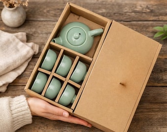 Celadon vistheeset – theepot met zes kopjes
