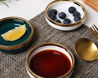 Ceramic Sauce Dishes with Gold Rim – Small Condiment Bowls