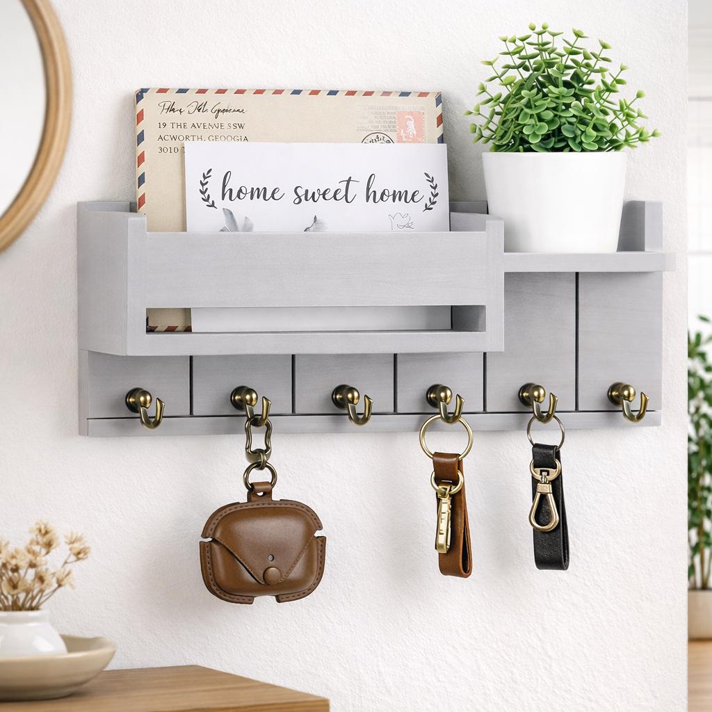Rustic Wood Key Holder With Shelf – Wall Mounted Mail & Key Rack - Etsy