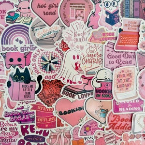 May include: A selection of pink and purple stickers with book-related designs. The stickers display phrases such as "Book Lover," "Hot Girl Read," and "Find Me at the Library." Illustrations include books, hearts, and charming characters.