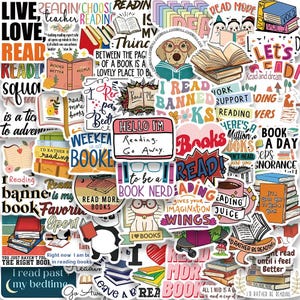 May include: A selection of vibrant stickers with book-themed designs and text. The stickers display phrases such as "Read More Books," "Book Nerd," and "I Love Books," alongside illustrations of books, animals, and reading-related quotes.