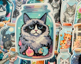 Cat in a Bottle Sticker Cute Cat Lover Vinyl Decal Aesthetic Pet Lover Sticker for Laptop