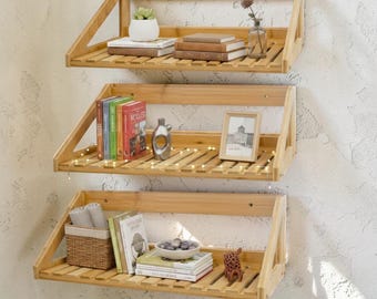 Floating Bamboo Wall Shelves Set of 3, Boho Wall Decor, Minimalist Storage Rack, Kitchen Bathroom Organizer, Gift for New Home