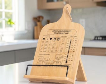 Bamboo Cookbook Stand with Conversion Chart, Rustic Kitchen Decor, Recipe Book Holder, Farmhouse Counter Display, Gift for Home Chef