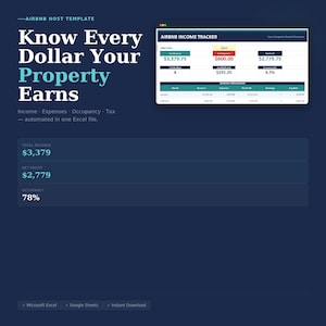 May include: A dark blue digital template with the text "Know Every Dollar Your Property Earns." An Airbnb income tracker displays financial data, including total revenue, net profit, and occupancy percentage. The template is automated in one Excel file.