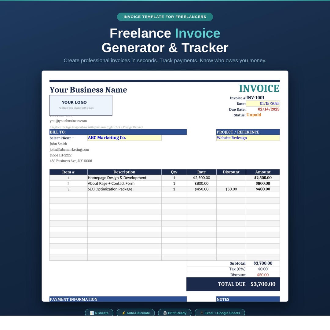 Freelance Invoice Template Excel Google Sheets Invoice Generator ...