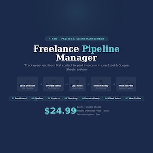 Pode incluir: Gráfico azul escuro que promove um "Freelance Pipeline Manager" para gerenciamento de projetos e clientes. O texto descreve o rastreamento de leads do primeiro contato à fatura paga usando Excel e Google Sheets. O preço é de 23,00 €.