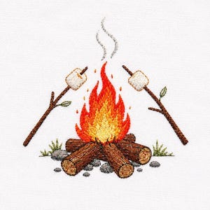 May include: Embroidered image of a campfire with flames in shades of orange and yellow. Two marshmallows on sticks are held over the fire. Logs and small rocks form the base of the fire, with green grass accents.