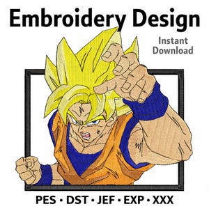 May include: An embroidery design featuring a character with spiky yellow hair, wearing an orange and blue outfit, framed in black. The text "Embroidery Design" and "Instant Download" are at the top. The bottom text includes "PES • DST • JEF • EXP • XXX".