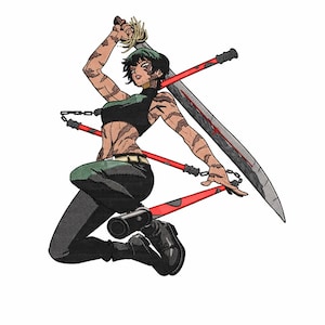 May include: An illustration of a person in a dynamic pose, wielding a sword and two red nunchucks. The person is wearing a black crop top, green pants, and black boots. The person has tiger stripe tattoos and short green hair.