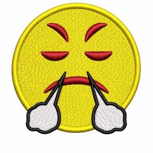 May include: Embroidered yellow patch featuring an angry emoji face. The emoji has red eyebrows, closed eyes, and a red mouth. White steam-like shapes emanate from the nostrils, outlined in black. The patch has a yellow border.