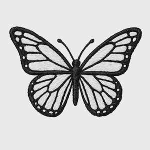May include: Embroidered butterfly patch featuring a black outline and white fill. The butterfly has detailed wing patterns and antennae. The design is symmetrical and suitable for fabric embellishment or crafting projects.