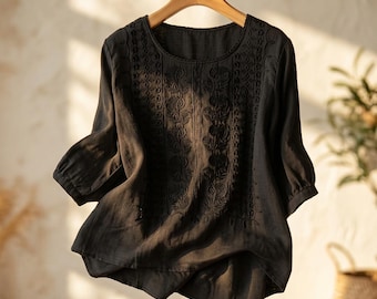 Embroidered Linen Cotton Blouse, 3/4 Sleeve Tunic Top, Vintage Boho Summer Shirt