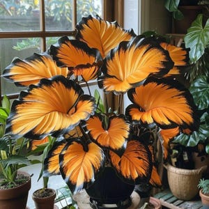 Puede incluir: Una vibrante planta de interior con grandes hojas naranjas bordeadas de negro. Las hojas tienen una apariencia texturizada única y están dispuestas de forma exuberante. La planta está en una maceta negra, creando un contraste llamativo.