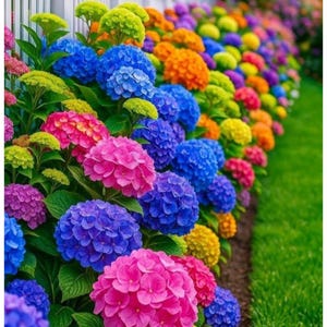 May include: A colourful garden border filled with hydrangea flowers in full bloom. The flowers showcase a range of colours, such as pink, blue, purple, yellow, and orange, set against green leaves and a white picket fence.