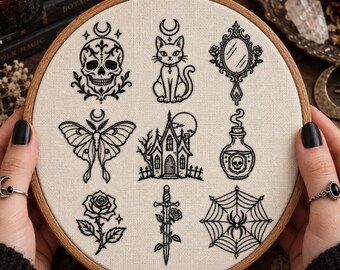 Gothic Embroidery Patterns Bundle | Skull, Cat, Rose & Spider Web Beginner Halloween PDF