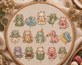 15 Cute Dragon Embroidery Patterns PDF, Beginner Hand Embroidery Bundle, Baby Dragon Designs, Kawaii Fantasy Embroidery, Printable Patterns