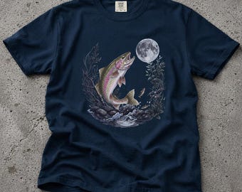 Rainbow Trout Fishing Shirt Moon Graphic, Night Fishing Tee, Fisherman Gift, Angler Shirt, Vintage Fish Nature T-Shirt
