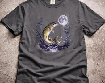 Northern Pike Moon Fishing Shirt, Fish Jumping Illustration, Fisherman Gift, Wildlife Graphic Tee, Lake Night Nature Art