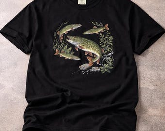 Northern Pike Fish Shirt Vintage Fishing Tee Angler Gift Nature Fish Illustration Outdoors Fisherman Graphic Tee