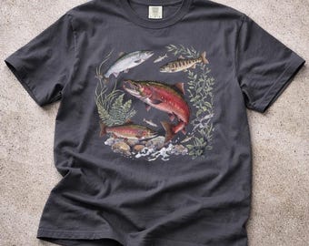 Vintage Trout Fishing Shirt, Salmon Fish Graphic Tee, Fisherman Gift, Nature Fishing T-Shirt, Angler Outdoor Wildlife Shirt