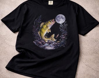 Moonlight Fishing Graphic, Walleye Fish Illustration, Night Lake Art, Fisherman Gift Design, Nature Wildlife Print