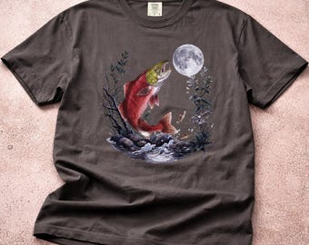 Moonlit Salmon Jump Vintage Fishing Illustration Design