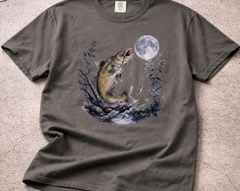 Catfish Moon T-Shirt Design, Night Fishing Graphic, Fisherman Gift, River Nature Illustration, Vintage Style Fish Artwork
