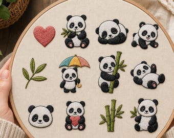 Panda Embroidery Pattern Bundle, 12 Beginner Hand Embroidery Patterns, Cute Panda PDF Pattern, Printable Digital Download