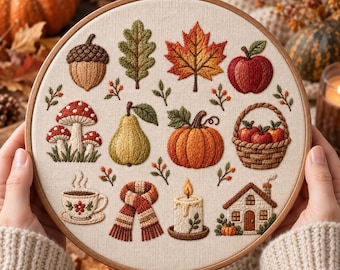 Cozy Autumn Embroidery Patterns PDF, 15 Fall Mini Motifs, Beginner Hand Embroidery, Cottagecore Design Set