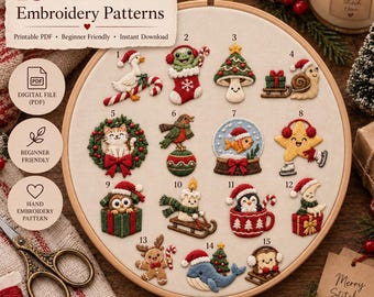 15 Christmas Embroidery Patterns Bundle, Beginner Hand Embroidery PDF, Cute Holiday Motifs, Christmas Stitching Patterns, Instant Download